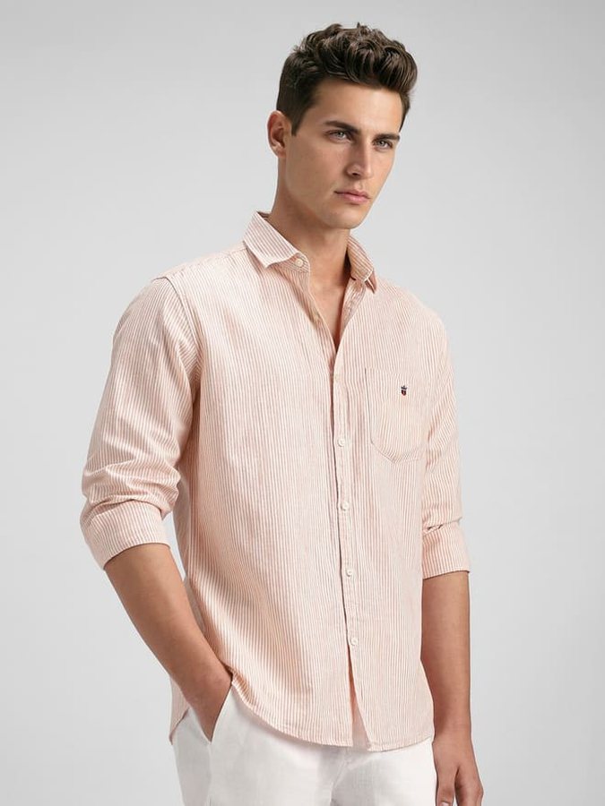 Catalogue model in a pink striped shirt
