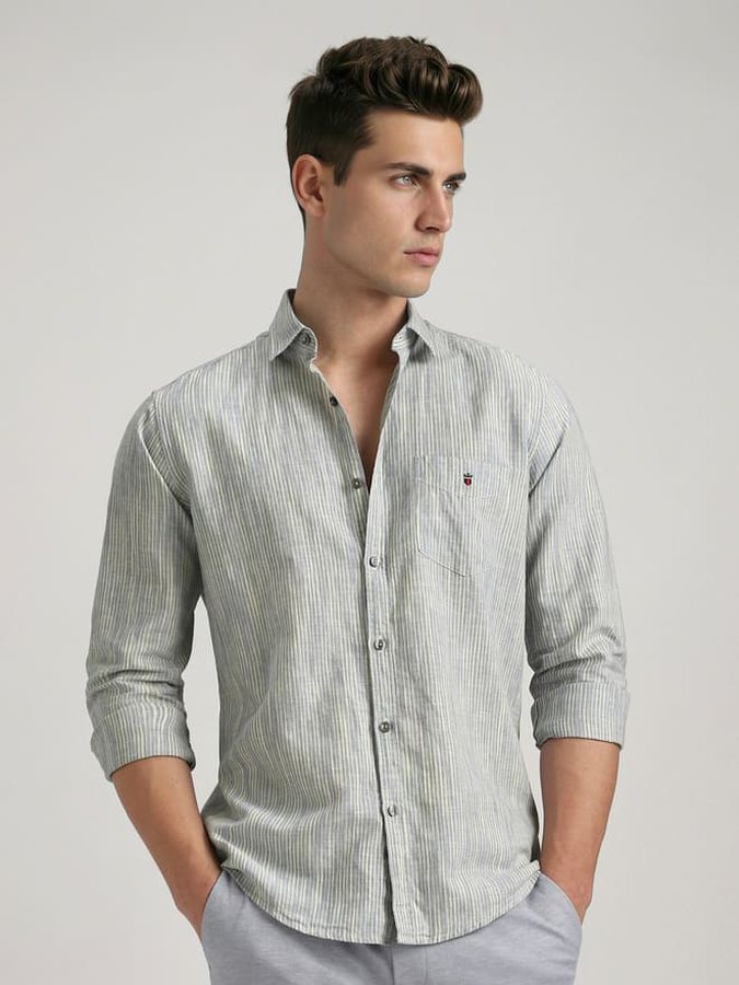 Catalogue model in a grey striped shirt