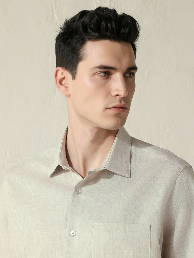 Catalogue model in a cream linen shirt, close crop