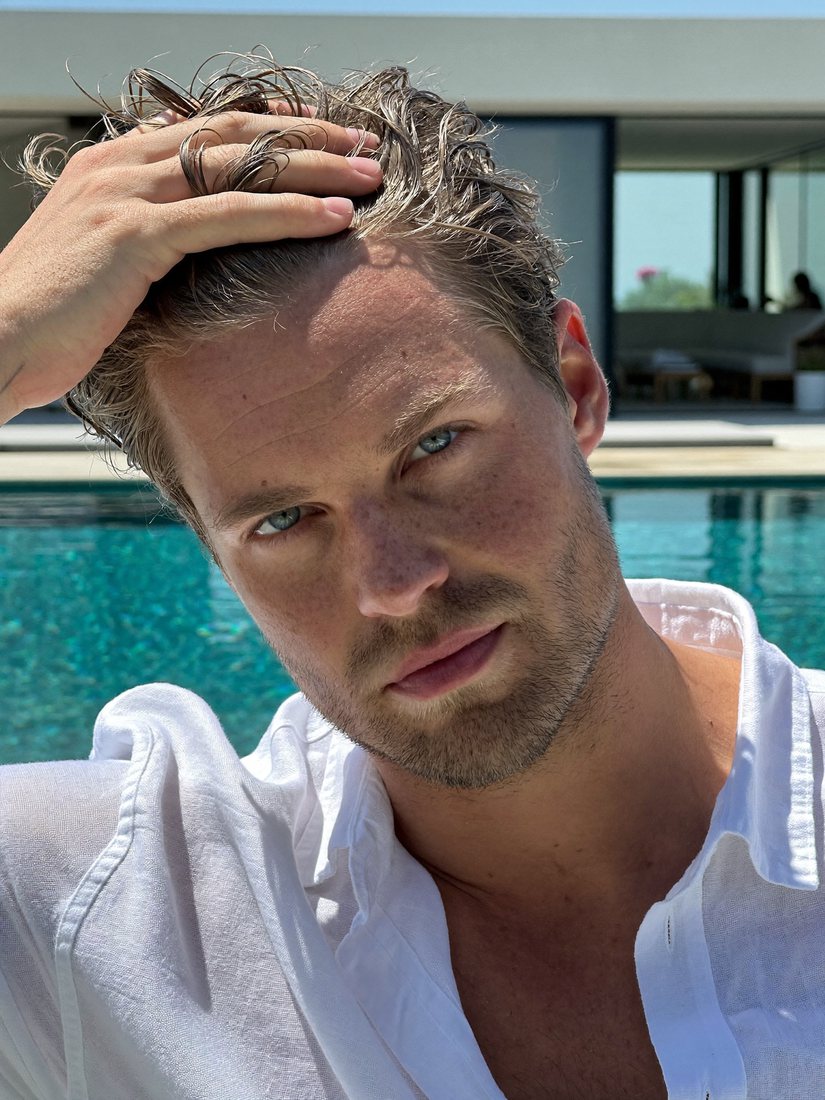 Before: model by a swimming pool