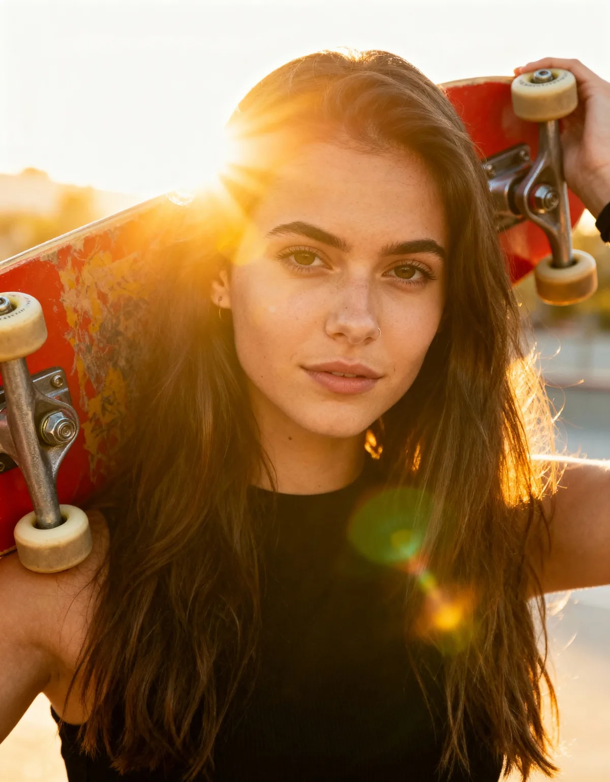 Before: woman in sunlight with a skateboard behind her