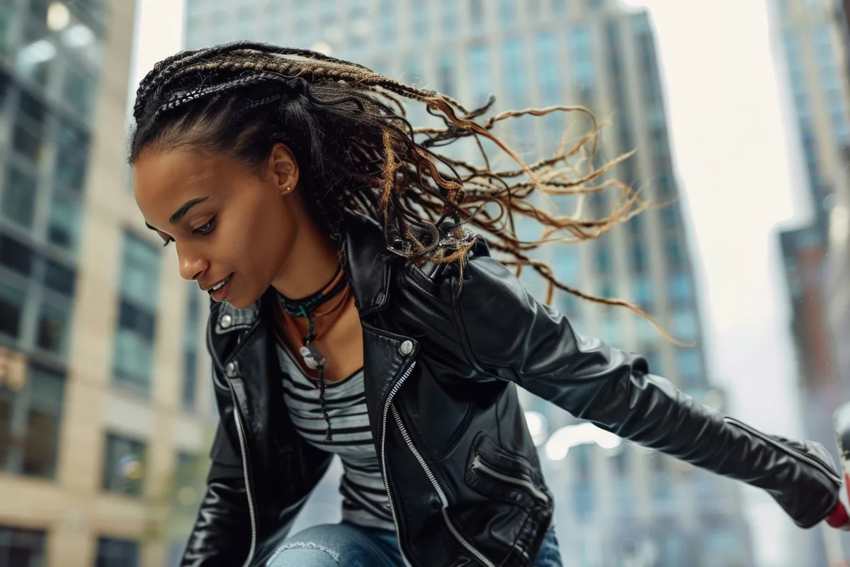 Before: woman in a leather jacket on a city street