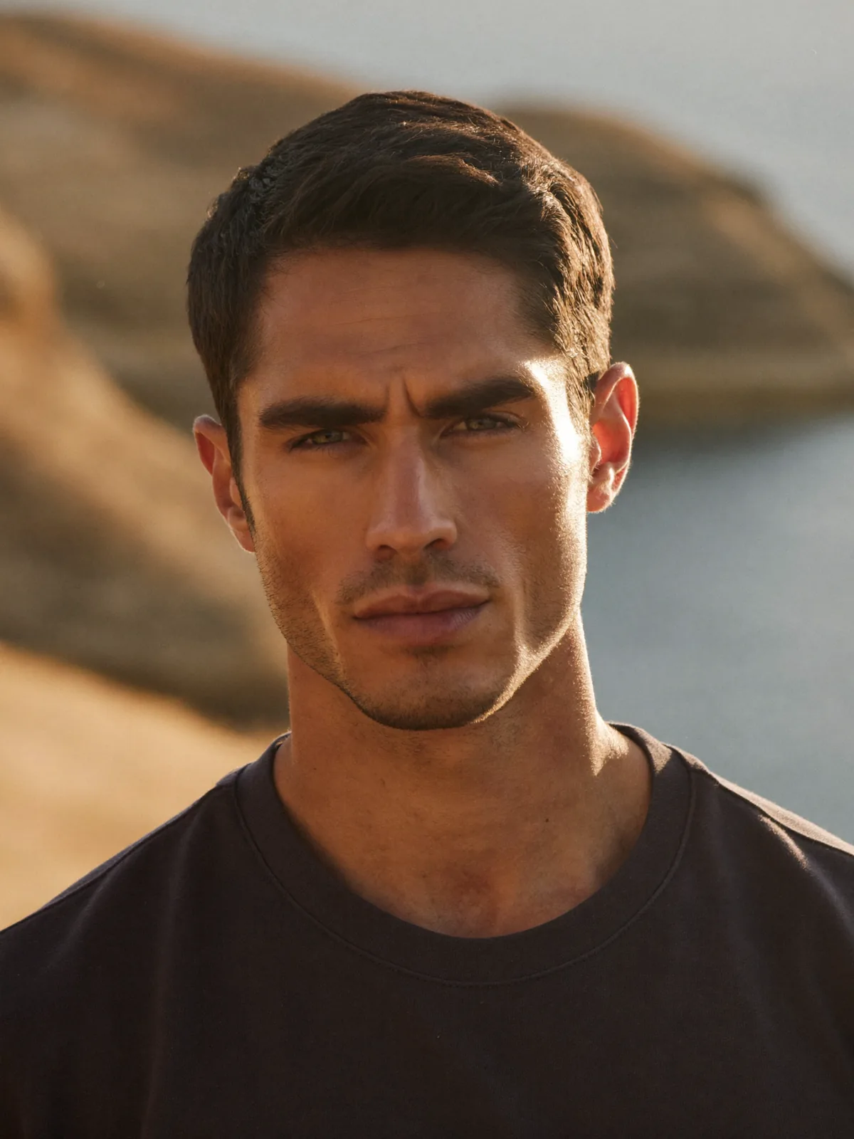 Before: man in a black T-shirt with coastal cliffs behind him
